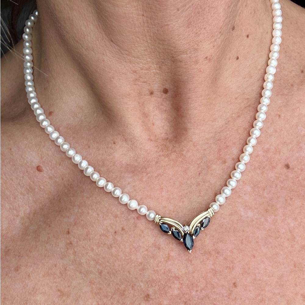 Genuine Pearl Necklace with Blue Sapphires in 14k gold setting